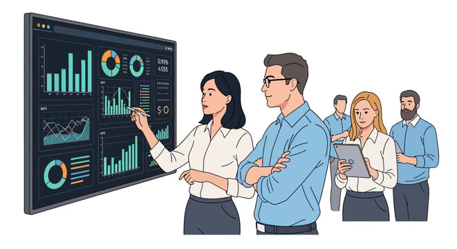 Team analyzing data on interactive dashboard for business presentation