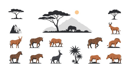 African Wildlife Silhouette Collection: Zebras, Rhinos, Antelopes, and Trees © Dada