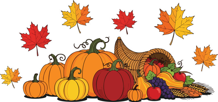 Cozy Autumn Tabletop Display With Pumpkins Cornucopia and Maple Leaves Isolated on White Background for Harvest Season Celebration