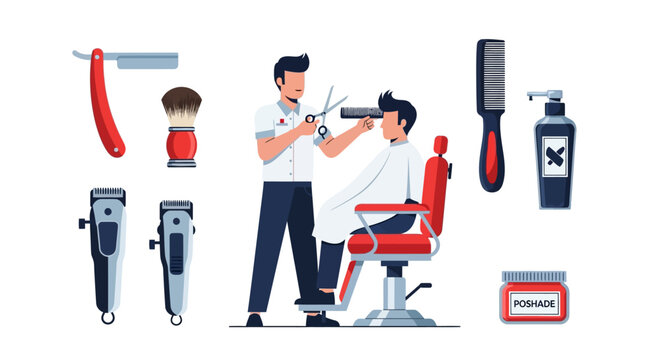 Modern barber shop elements with hair styling and grooming tools in flat design