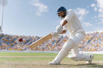 Obraz premium Cricket player swings bat mid-air, focused and powerful. Crowd watches from stands under bright blue sky. Helmet and pads show professional gear for action. Sunlit field highlights motion