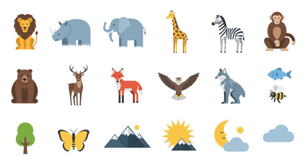 Cute Wild Animals, Nature Elements, Flat Icons Set © Dada
