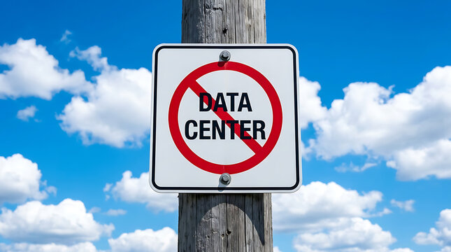Prohibited data center sign mounted on a wooden utility pole against a blue sky with clouds