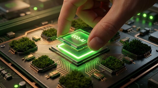 Hand installing glowing green Eco-AI microchip on motherboard with moss representing sustainable artificial intelligence and green computing technology