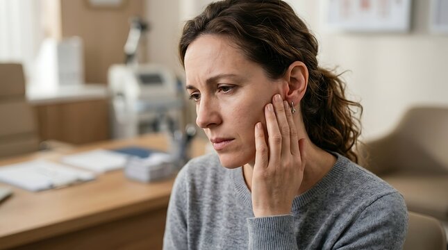 Woman experiencing jaw or tooth pain in a medical office setting