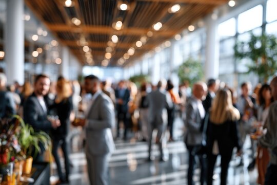Blurred shot of business people at party or corporate event in office center	