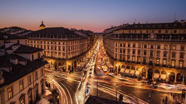Vibrant European City Street at Dusk with Blurry Light Trails from Moving Traffic and Historic Architecture Under an Atmospheric Evening Sky, showcasing urban dynamism and timeless grandeur