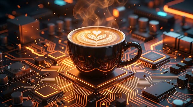 Black coffee mug with steaming latte art placed on a highly advanced glowing computer processor signifying energy for IT professionals and developers