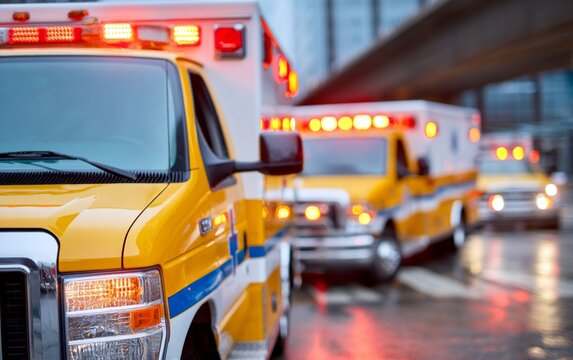 Emergency Vehicles Parked in a Row on Wet Urban Street