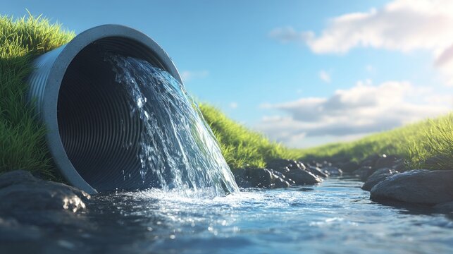 Metal culvert pipe discharging water into stream in countryside landscape