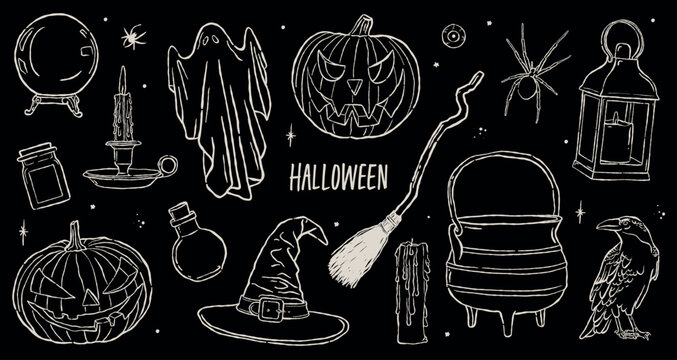 Hand drawn halloween spooky element illustration set on black background. Vintage doodle sketch of jack o lantern pumpkin, ghost, witch hat, cauldron and raven. Mystic line art vector collection.