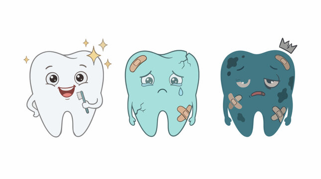 Cartoon Tooth Characters Dental Health Comparison Flat Vector Illustration For Commercial Use