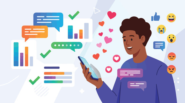 A man interacting with social media on his smartphone, surrounded by data analytics, chat bubbles, and emotional feedback.