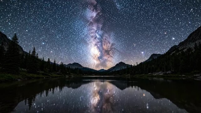 Milky Way reflected in mountain lake at night