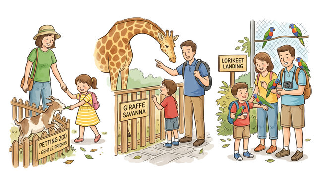 Family visit to the zoo with giraffes and parrots in playful cartoon style
