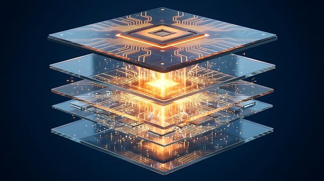 Exploded view of a futuristic 3D microchip revealing glowing inner layers and advanced artificial intelligence computing architecture