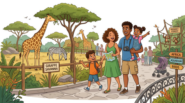 Family adventure in a lively safari park with giraffes and zebras