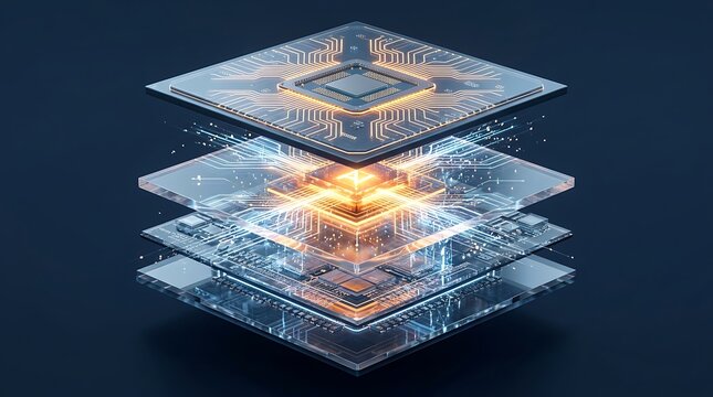 Layered futuristic 3D computer chip with glowing artificial intelligence text inside illustrating next generation machine learning processors
