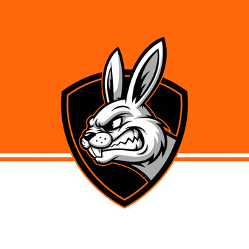 An angry rabbit mascot with sharp teeth and pointed ears is depicted in a black shield on an orange background with white and orange lines.