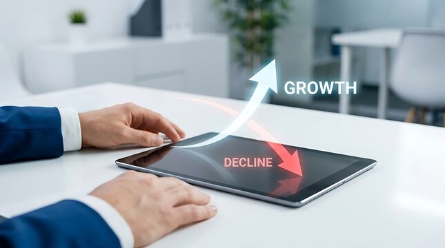 Businessman analyzing corporate financial trends on a digital tablet with holographic arrows showing market growth and economic decline