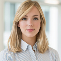 Fototapeta premium Young blonde businesswoman portrait looking at camera with confidence in modern office setting