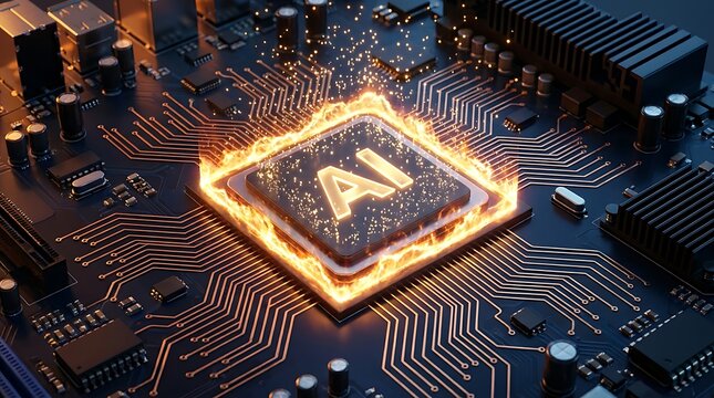 Powerful artificial intelligence processor burning with intense glowing fire on a computer motherboard depicting extreme hardware performance