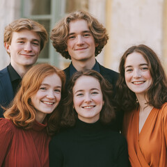 Obraz premium Group of five happy smiling young people standing together outdoors, reflecting togetherness and friendship