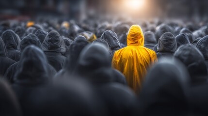 Obraz premium Diverse Crowd of People Wearing Raincoats in the Rain at Sunset