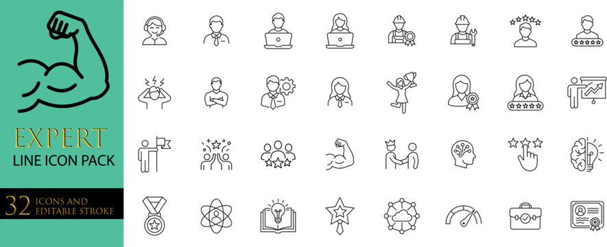 Expert skill set icon pack vector illustration showing business professional development and career achievement concepts featuring thin line office and management graphics design.