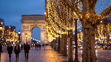 Fototapeta premium Parisian Boulevard at Dusk with Christmas Lights and Arc de Triomphe