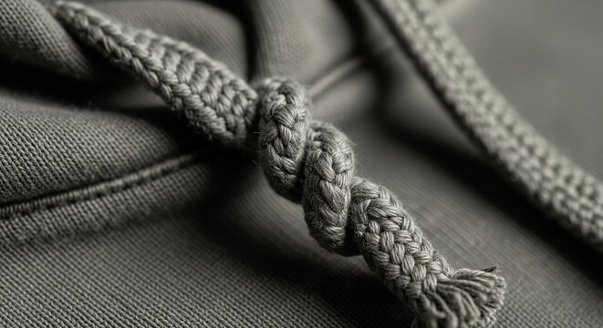 Macro shot of a knotted braided cord on dark fabric.