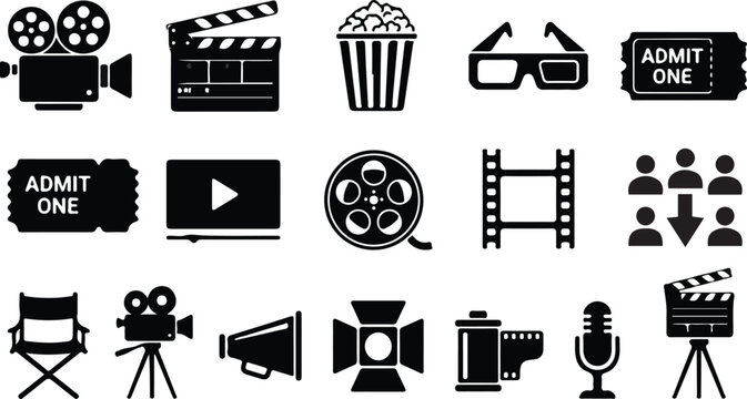 movie cinema entertainment icons set black silhouette collection .