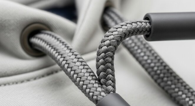 Detailed shot of braided hoodie drawstrings with plastic tips