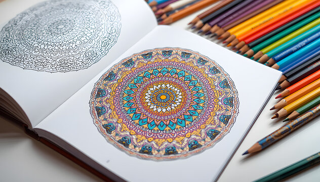 Intricate mandala coloring page in open adult coloring book with colored pencils on white surface