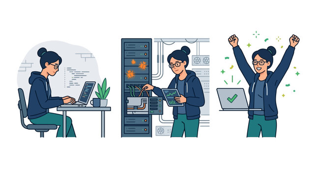 Woman working on laptop with excitement.