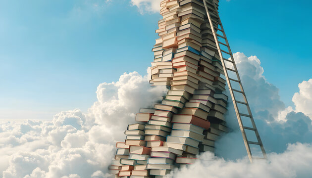 A surreal stack of books forming a tower reaching into the sky with a wooden ladder leaning against it amidst clouds
