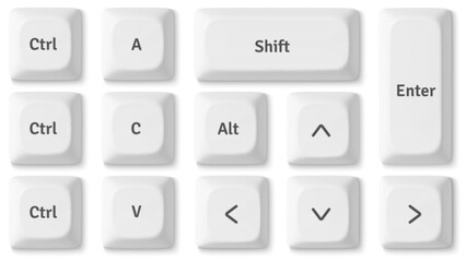 Naklejka premium Modern 3D keyboard buttons isolated on background. Vector realistic illustration of white keycaps top view, personal computer control set, pc hardware, desktop design elements