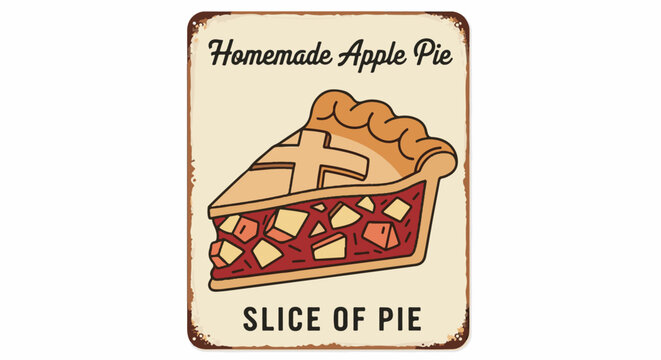 A slice of homemade apple pie on a distressed metal sign