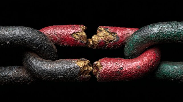 A broken chain link painted in red, black, and green colors symbolizes freedom and independence. Pan-African colors, June 19th juneteenth day, kwanzaa.