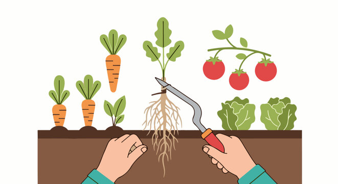 Gardeners hands transplanting a plant, surrounded by carrots, tomatoes, and lettuce