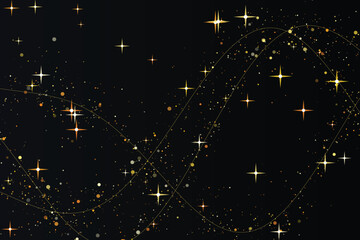 Fototapeta premium Glowing golden stars constellation on deep space black background, with curved lines