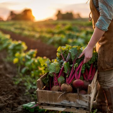 Farmer holds crate of fresh beets at golden sunset. Beets have vibrant red stems and green leaves. Rows of plants stretch into soft, warm light. Gentle sunset paints sky in amber hues
