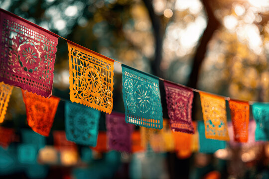 Mexican Fiesta Vibrant Papel Picado Banners in Sunlit Outdoor