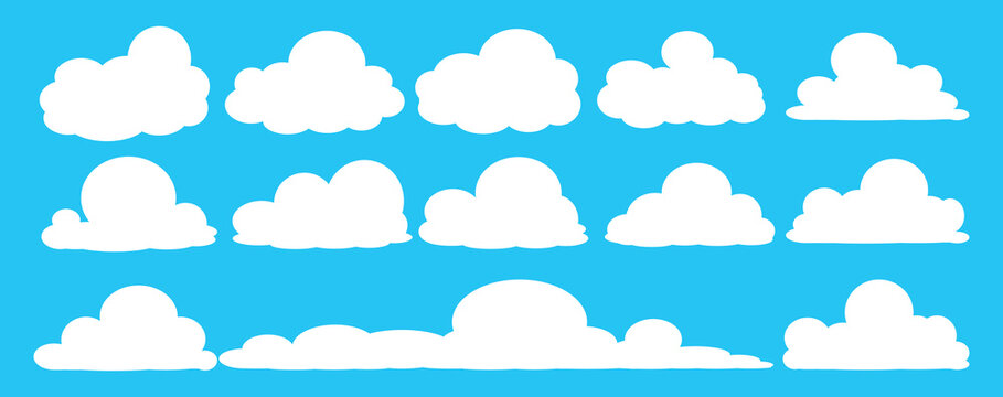 set of vector illustrations of clumpy clouds, cloud bubbles in flat style on a blue background	
