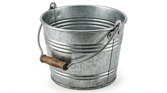 Rustic galvanized metal pail with wooden handle.