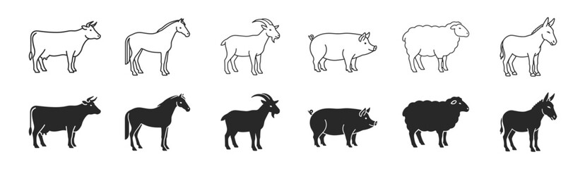 Fototapeta premium Livestock animal icon set with cow horse donkey pig sheep goat llama and bison