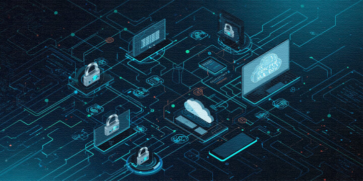 High-tech cloud infrastructure with encrypted network connections, smart devices, and centralized cybersecurity management system.