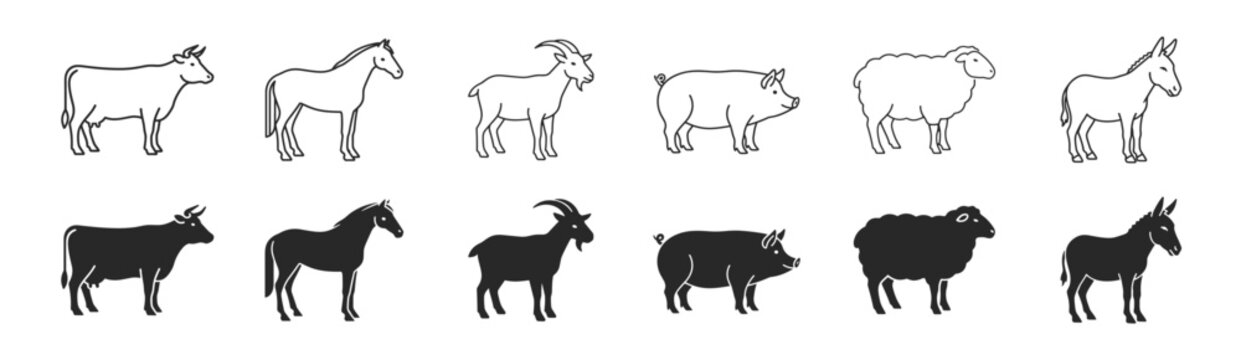 Livestock animal icon set with cow horse donkey pig sheep goat llama and bison