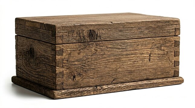 A rustic, antique wooden box with visible grain and aged finish.