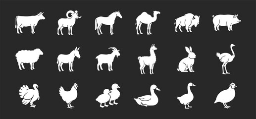 Fototapeta premium Farm animal icon set with livestock poultry and wildlife silhouette collection